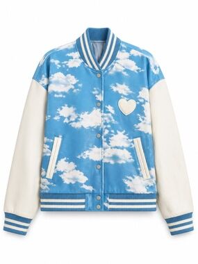 Orsherlly Cloud Print Varsity Jacket with Heart Patch – Size Large Like New